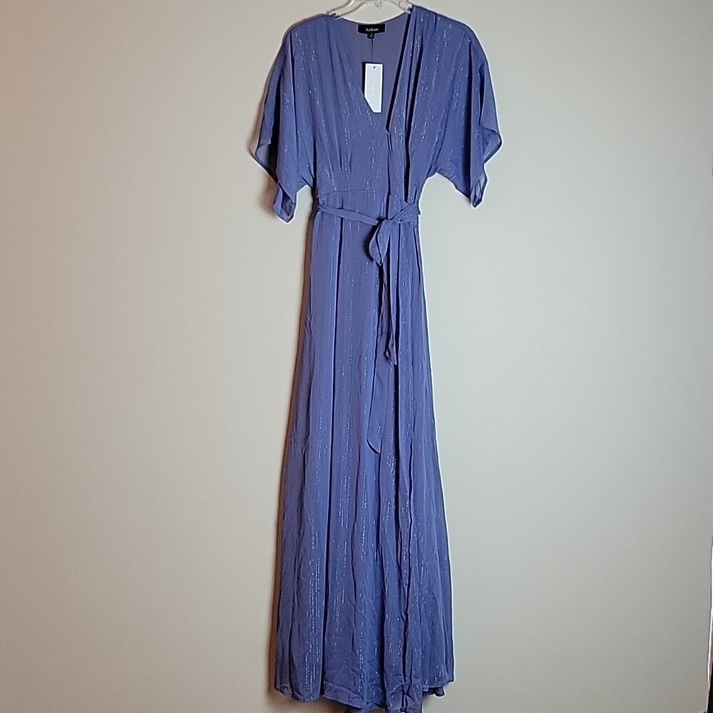 NWT Aakaa Wrap Maxi Dress Perwinkle Blue with Mettalic Stripe Small